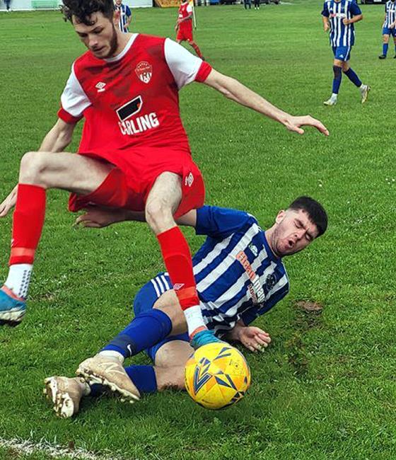Crunch tackle as Tish narrowly won 3-2 at home against St Thomas Stars. Picture by Andrew Goffin